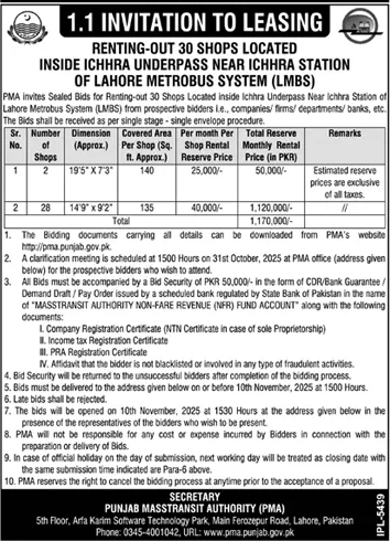 Punjab Masstransit Authority Lahore Tender Notice